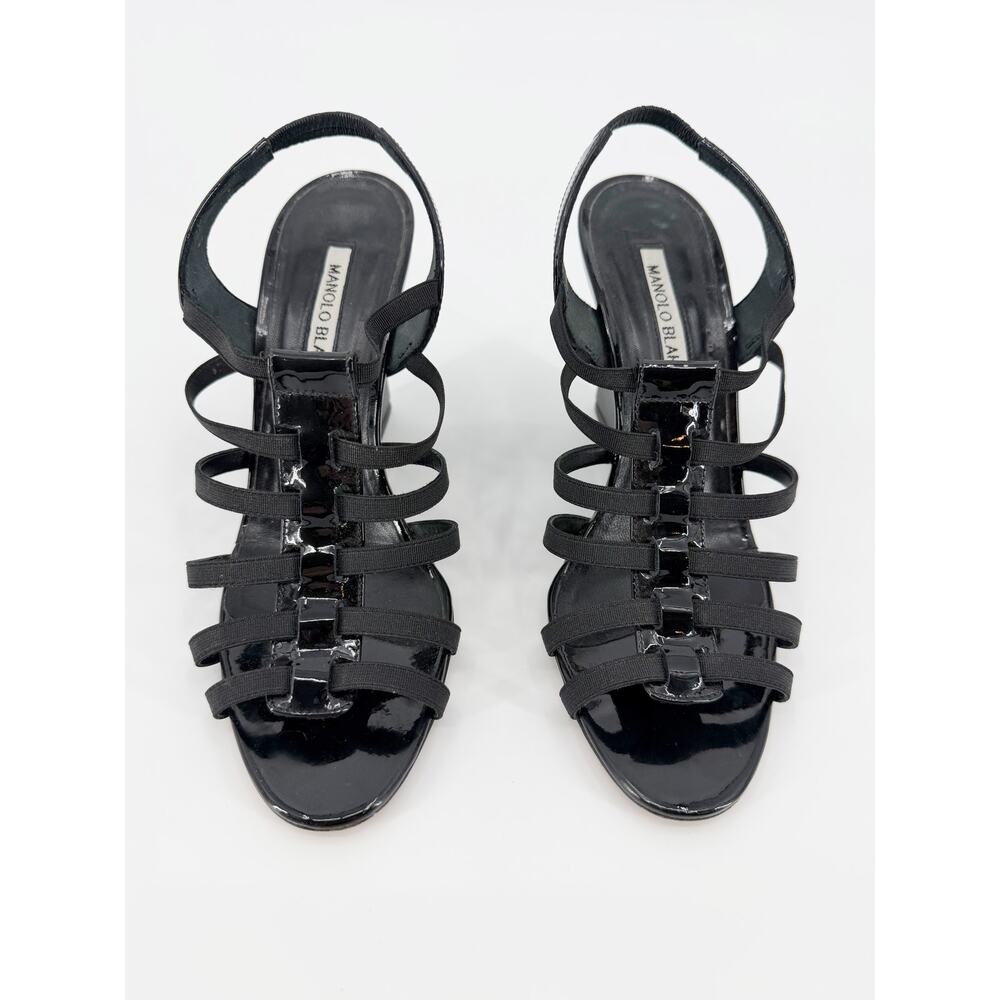 Manolo Blahnik Strappy Black Wedge Sandals Patent Leather Vintage Laggia Sz 37